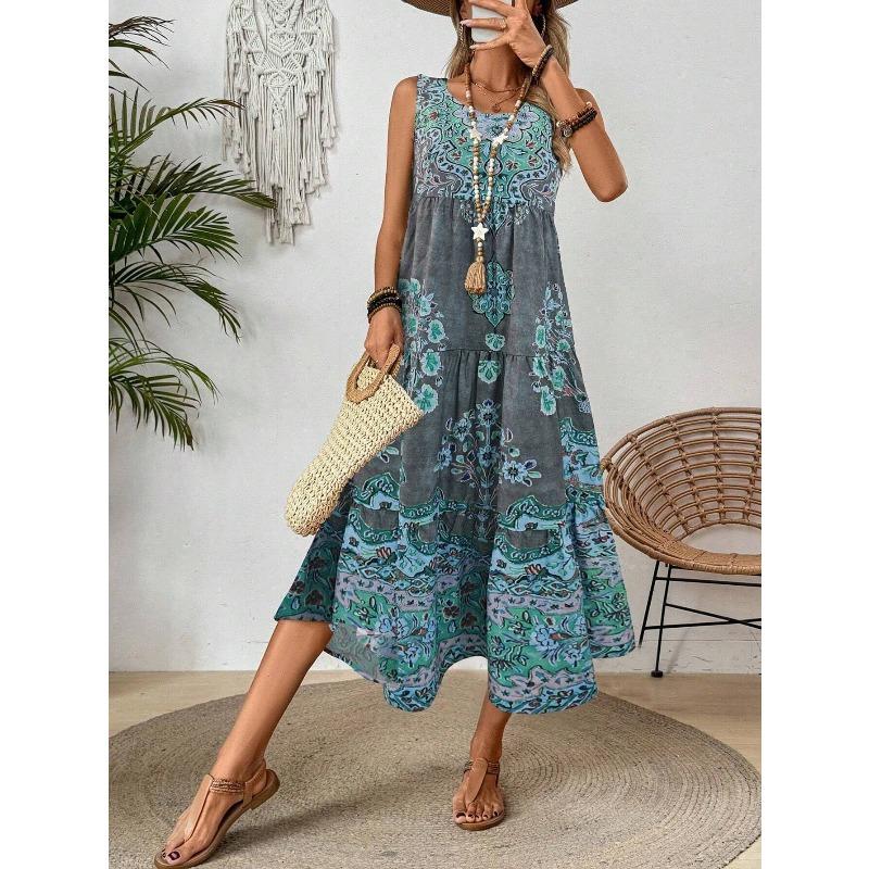 Robe d'été pour femme Nouvelle imprimée sans manches col en V Vacances à la plage Robe longue pour femme Mode Vintage col rond Décontractée ample Bohème pour femme Robes