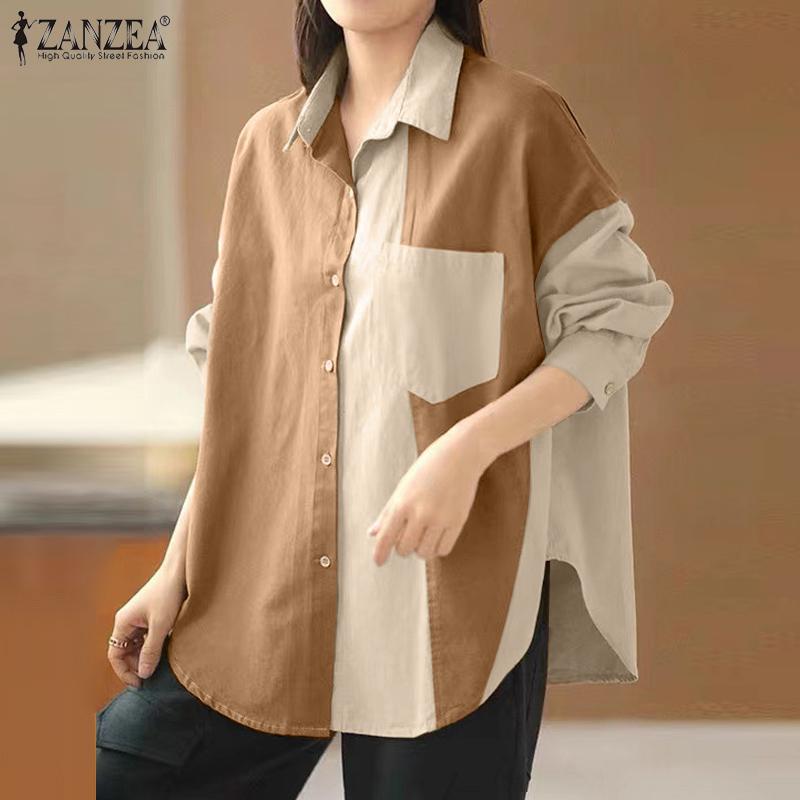 

ZANZEA Женская повседневная лоскутная блузка с отложным воротником и длинными рукавами M коричневый