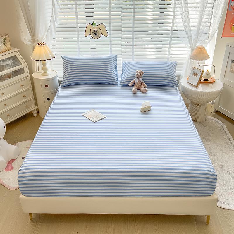 3pcs Grey Striped Cotton Fitted Sheet, Set Adult Kid Teen Bedroom Thickened Bedding with 2 Pillowcases, Geometric Line Bed Cover