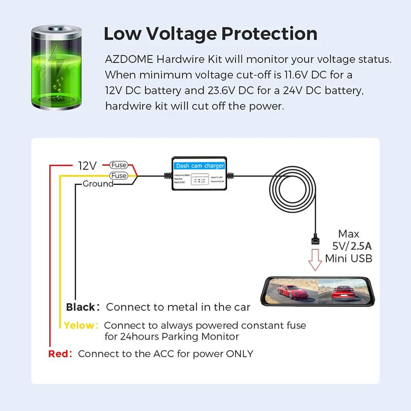 24H Parking Monitoring Car DVR Record Hardwire Kit Mini/Micro/Type-c Port 12V-24V To 5V/2.5A 3.5M Step-down Line Car Accessories