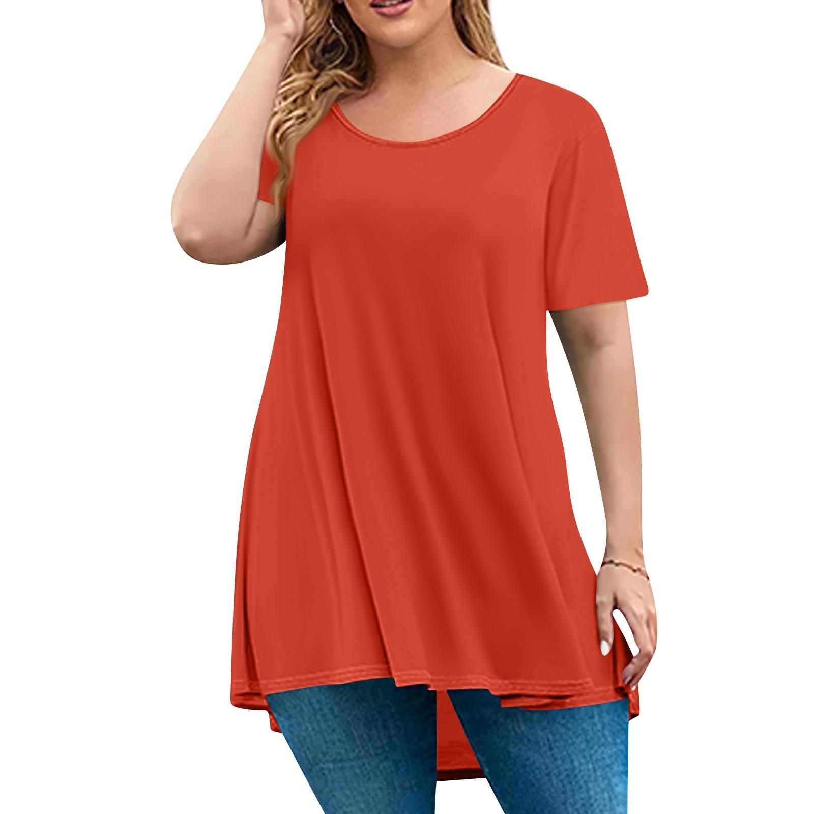 

Женская мода большого размера с круглым вырезом и коротким рукавом, повседневный однотонный свободный пуловер XL киноварь