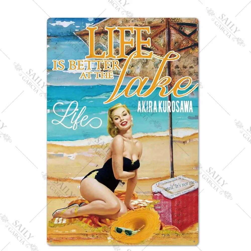 Vintage Surfing Girls Metal Sign Posters for Home Decor Fashion Art Wall Mural Bar Pub Sign Decor Metal Plate