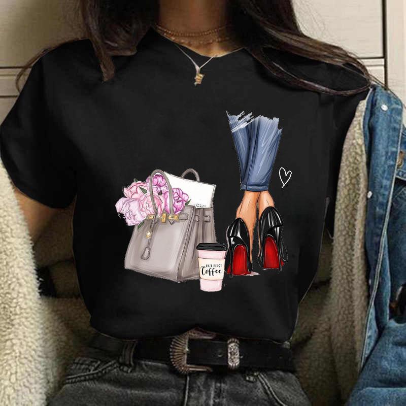 Coffee Girl Casual Women's T-shirt New Black Girl's Top Round Neck Y2K Harajuku 90S Fashion Short Sleeve Clothes,Drop Ship