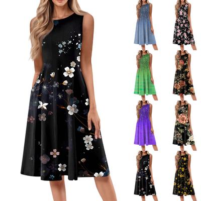 Women's Casual Fashion Round Neck Sleeveless Print Midi Dress