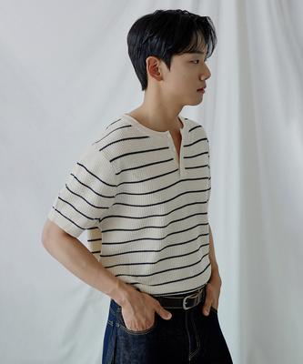 POLYGRAM Textured Striped Henley Neck Short Sleeve Knit - Cream