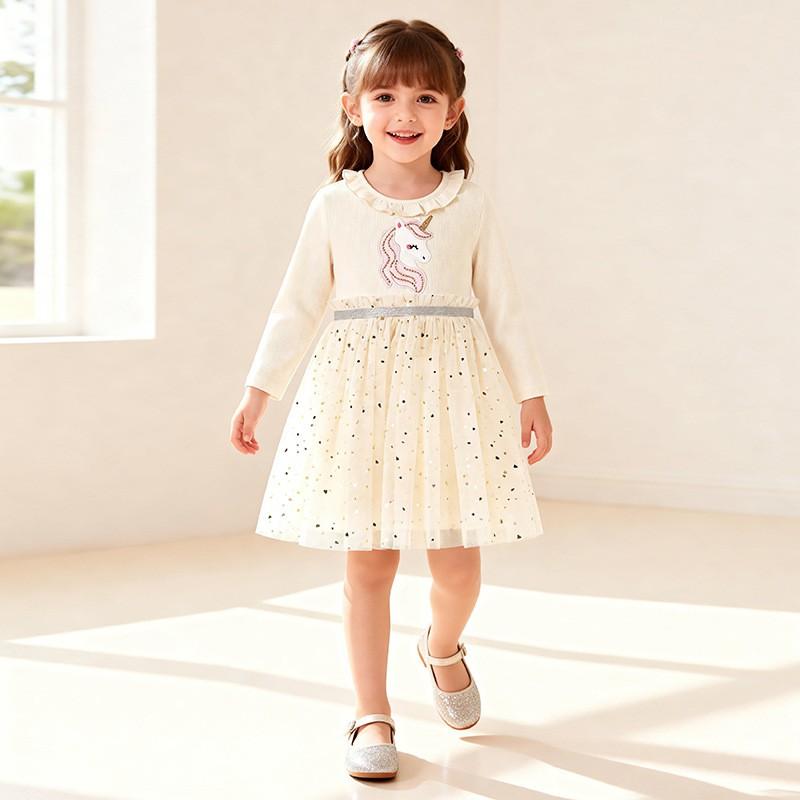 Girls Long Sleeve Princess Dress With Tulle Skirt Cotton Blend Toddler Outfit