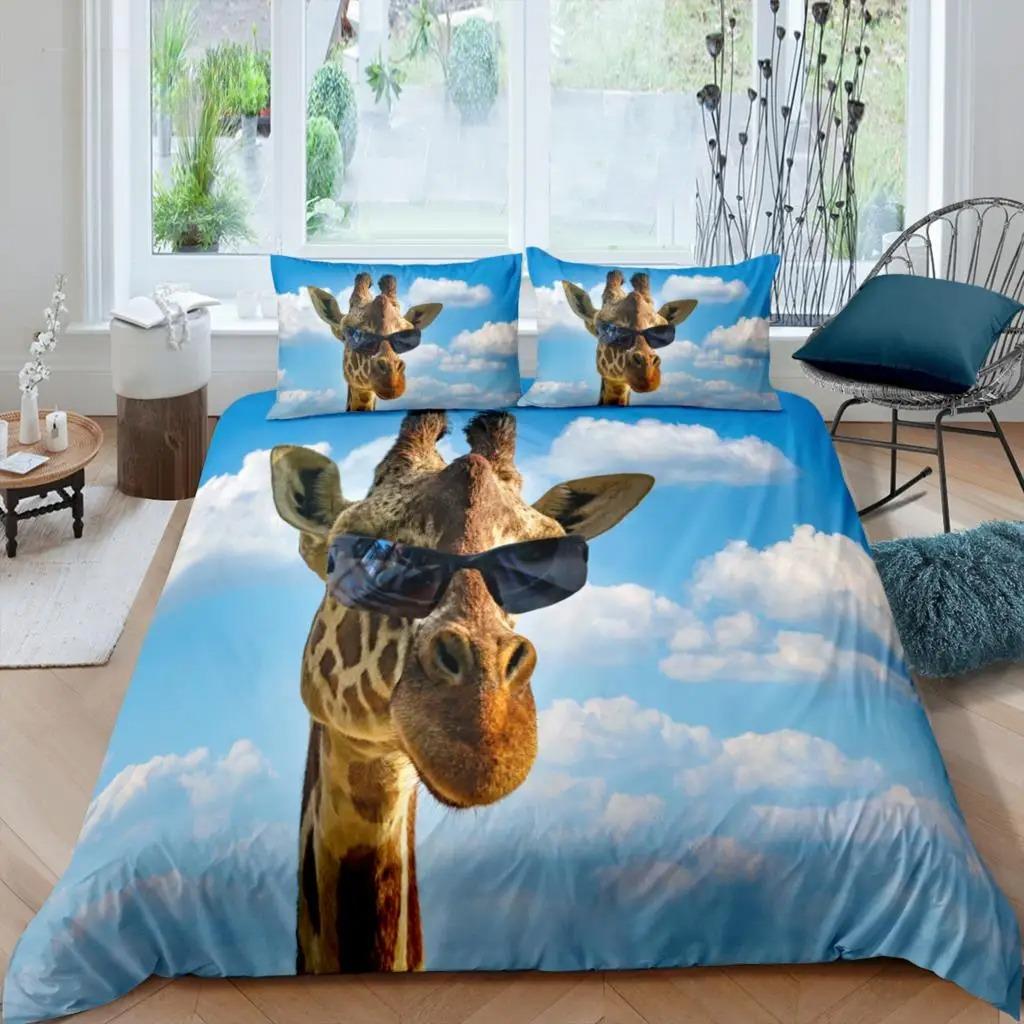 Home Living Luxury 3D Print Giraffe Bedding Set Sky Cloud Duvet Cover Pillowcase Queen and King EU/US/AU Size Polyester Bedding