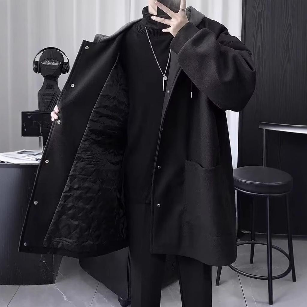 Men's Handsome Men with a Light-climbed Style Mid-length Wool Coat for Spring Men's Hooded Cotton Clip