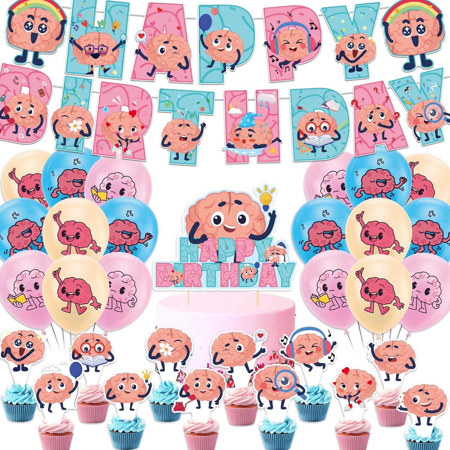 Brain Party Decorations Brain Birthday Party Supplies Includes Brain Birthday Banner Cake Topper Cupcake Toppers Balloons for Brain Birthday