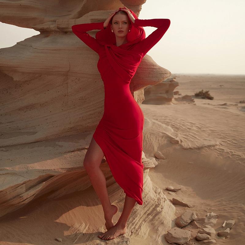 

Женское осеннее модное однотонное платье-бейсболка с длинными рукавами и боковыми разрезами, длинное платье L красный