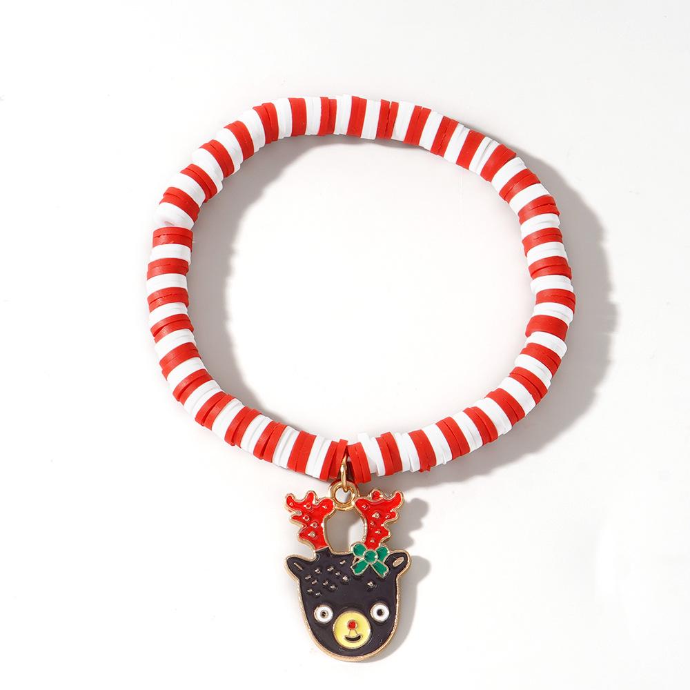 Christmas Clay Beaded Bracelet with Tree, Snowman, Bell & Reindeer Pendants In Red, White & Green - Festive Hand Jewelry