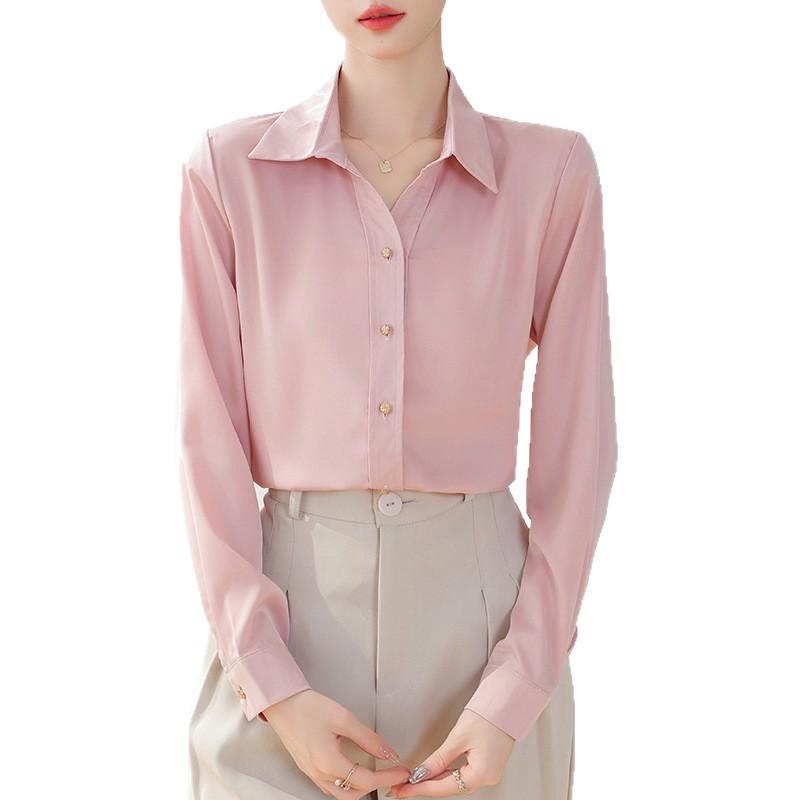 Women's Pink Long-Sleeve Shirt - Professional, Elegant, Perfect for Teacher Interviews, Mature Style, Ideal for Spring/Autumn.
