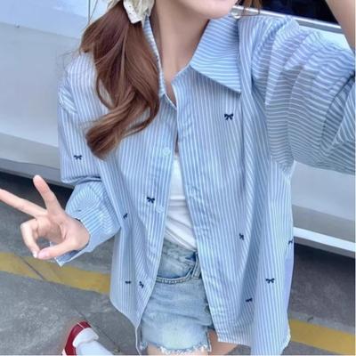 Spring and Summer New Women's Printed Shirt Loose Long-sleeved Blue Striped Versatile Top