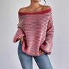 Women's European & American Red One-Shoulder Knit Sweater with Loose Color-Block Stripes and Lantern Sleeves, Perfect for Autumn and Winter