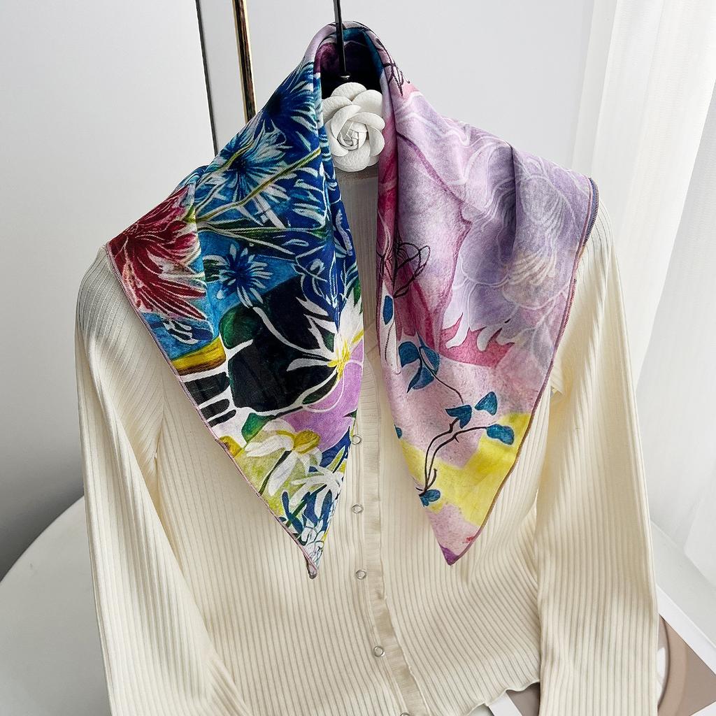 New Korean Version Retro Flower Pure Cotton Small Square Scarf Women's Summer Thin Versatile Decorative Scarf Silk Scarf Small Shawl