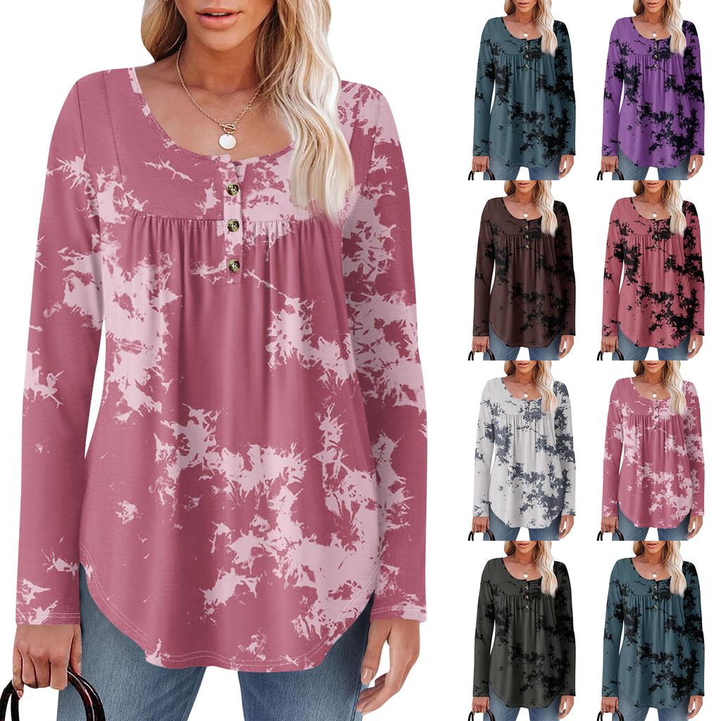 Dame Langermet Tunika Løse Topper Casual Oversized Topper Plissert Tunika Knapper Ned Casual Dame Print Topper