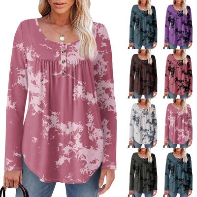 Women's Long Sleeve Tunic Loose Tops Casual Oversized Tops Pleated Tunic Button Down Casual Women's Print Tops
