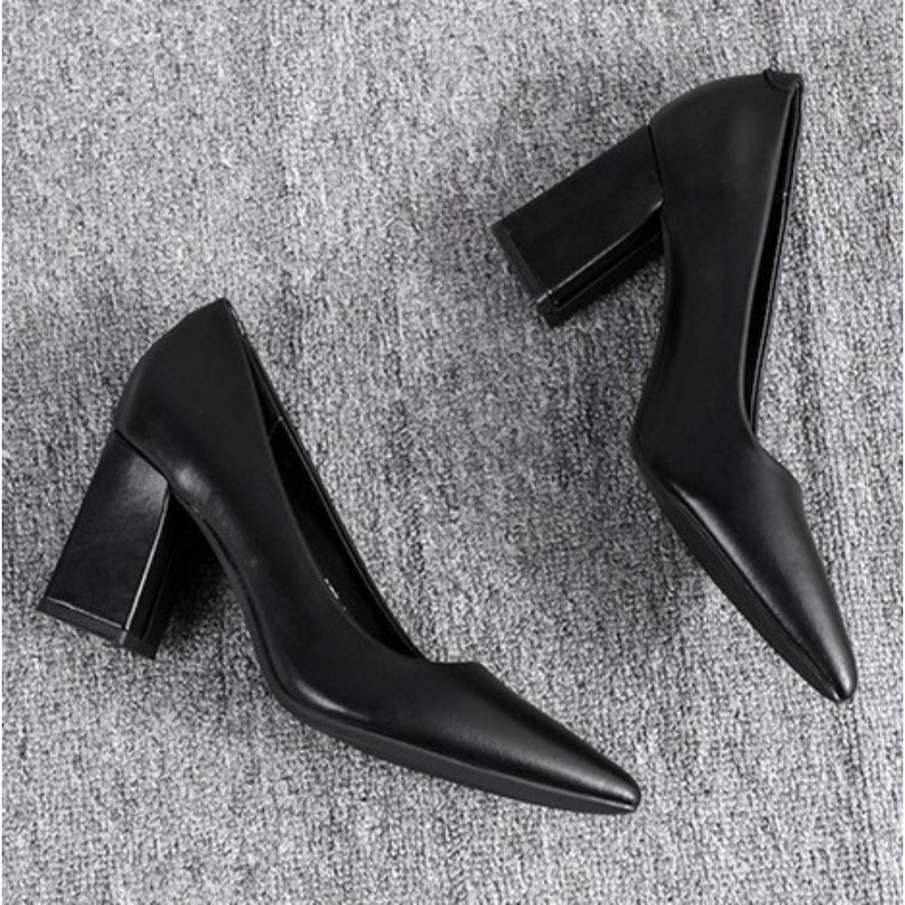 Black High Heels Women's Spring Soft-soled Professional High Heel Pumps New Thick-heeled Commuter Work Leather Shoes Women