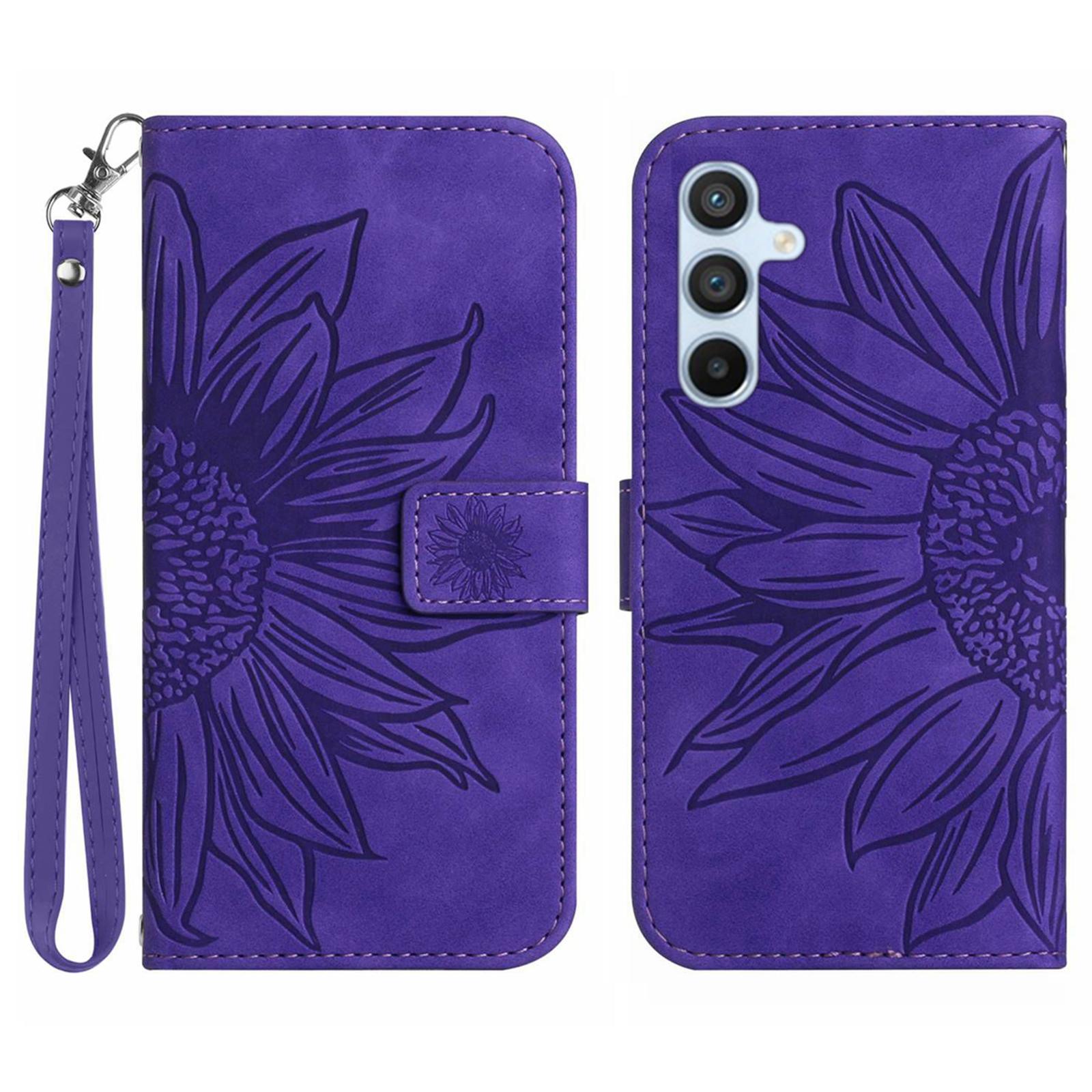 

Чохол HT04 для Samsung Galaxy S25 із принтом соняшника, шкіряний гаманець та ремінець на зап ястя Dark Purple