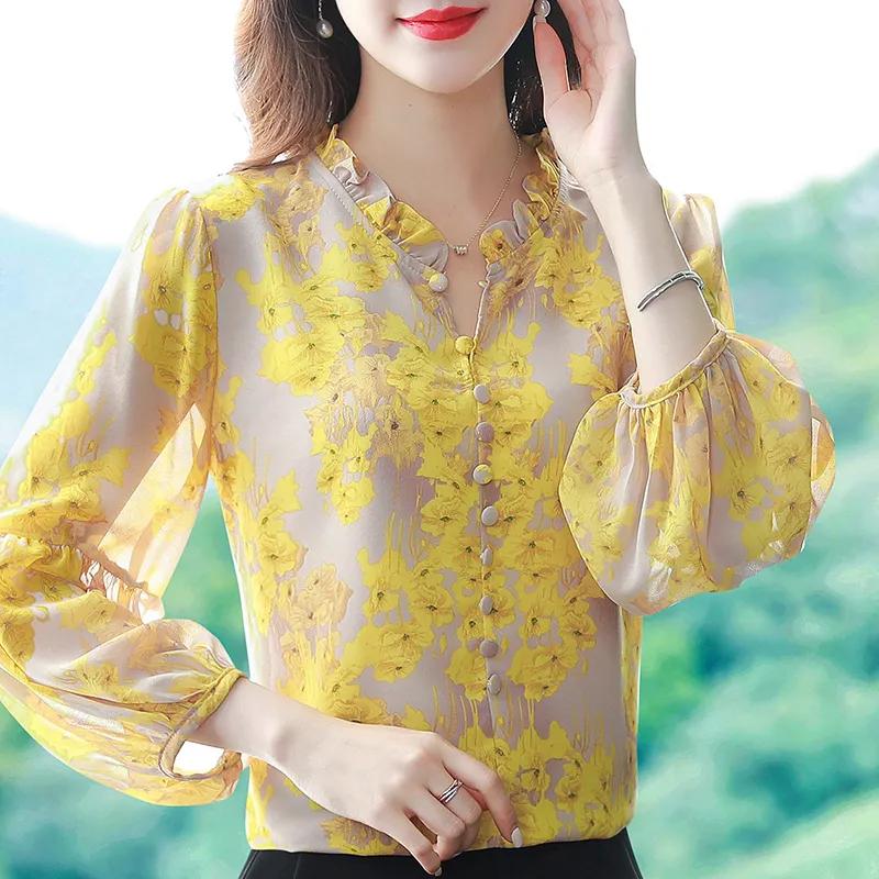 

Женская элегантная блузка для поездок на работу с рукавом девять минут, напечатанная рубашка с оборками, весна-лето XS жёлтый