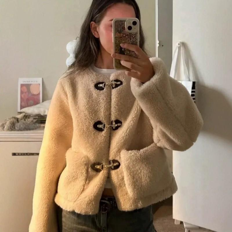 Womens Short Wool Blend Coat With Faux Fur Lining Round Neck Loose Fit Warm Outerwear Winter