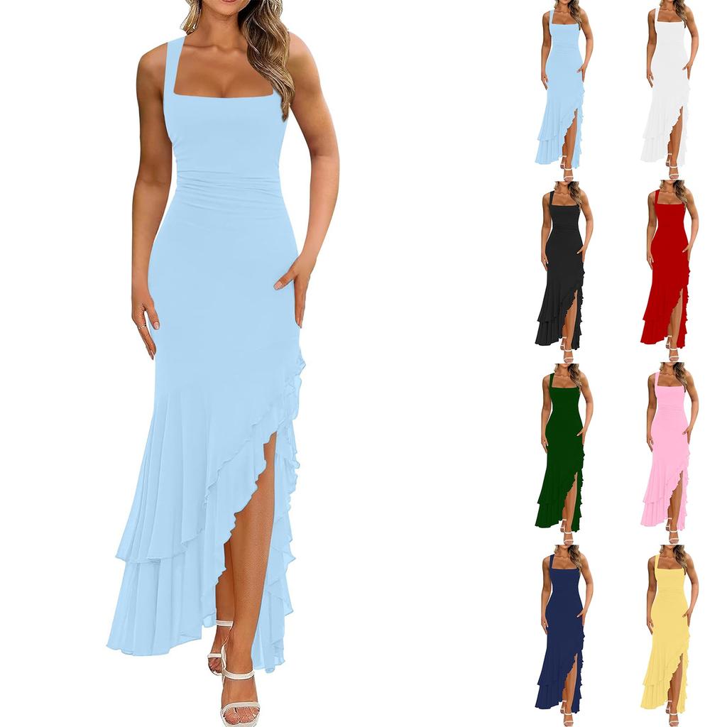 Women Sleeveless Elegant Long Dress Square Neck Ruffle Hem High Slit Formal Maxi Dress for Evening Party Events
