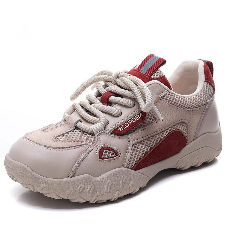 Johnature Genuine Leather Splicing Mesh Breathable Soft Soled Sports Shoes Casual Versatile Women's Sneakers