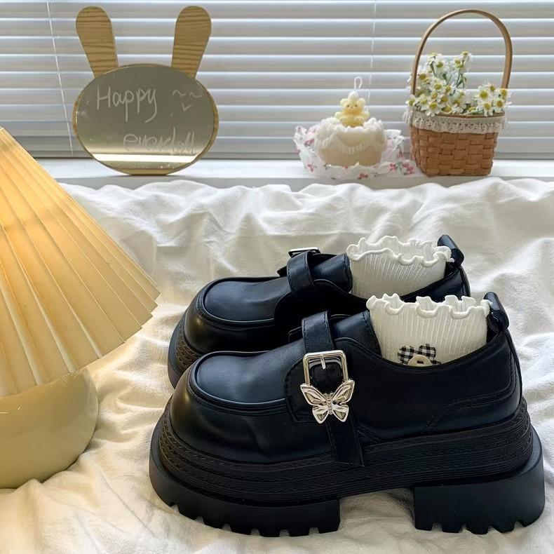 

Spring Mary Jane shoes women s shoes solid color love buckle fashionable and cute versatile small leather shoes super height increase 35 матовий чорний колір
