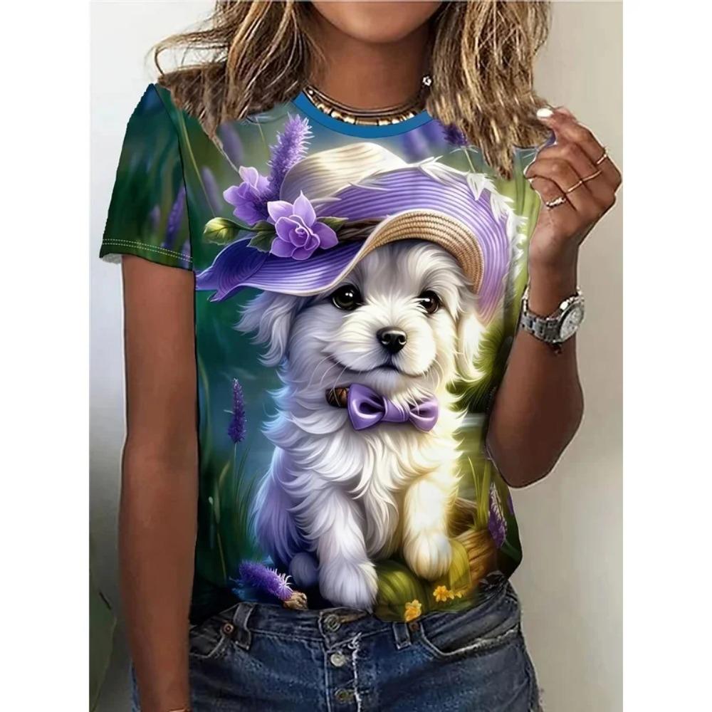 Summer New Women's 3D Digital Print T-shirt Loose Casual Round Neck Short-sleeved Creative Animal Print Top Y2K Streetwear