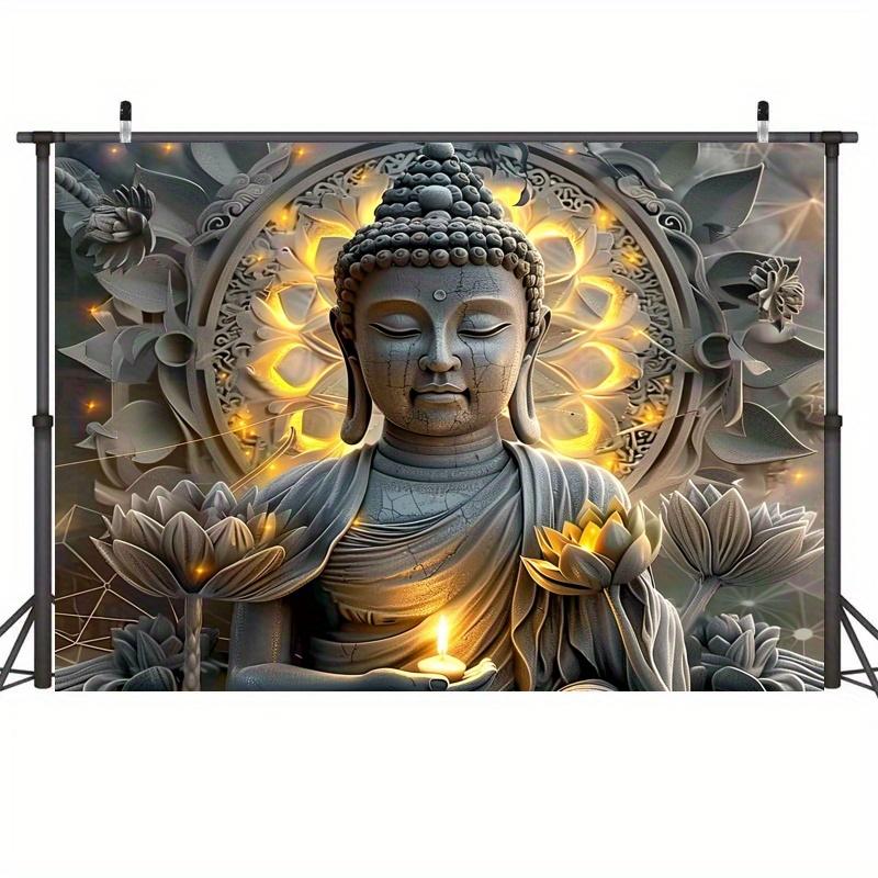 Giant Buddha Statue and Lotus Pattern Tapestry - Polyester Wall Hanging for Living Room and Bedroom Home Decoration