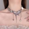 Rhinestone Butterfly Flower Necklace Tassel Women's Choker Fashion Vintage Metal Necklace  Gifts
