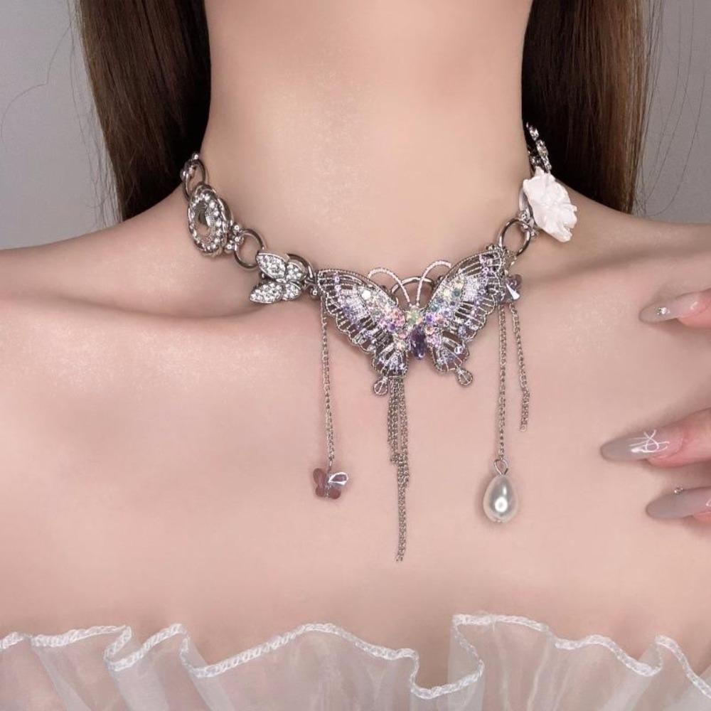 Rhinestone Butterfly Flower Necklace Tassel Women's Choker Fashion Vintage Metal Necklace  Gifts