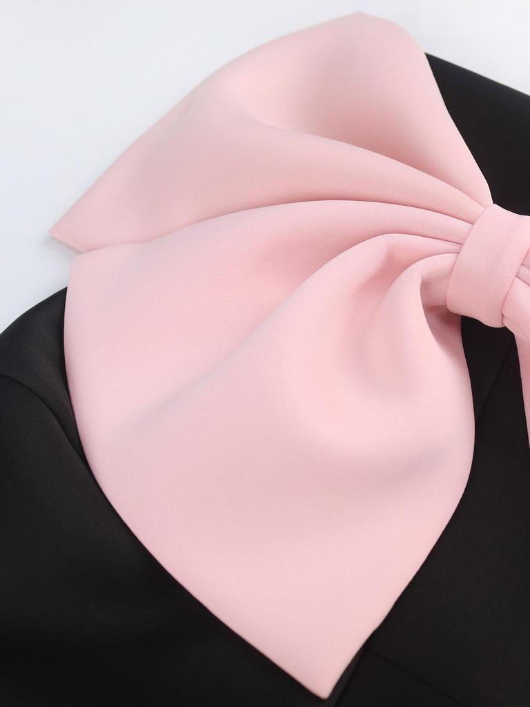 European and American Strapless Color Block Off-the-Shoulder Evening Dress with Bow