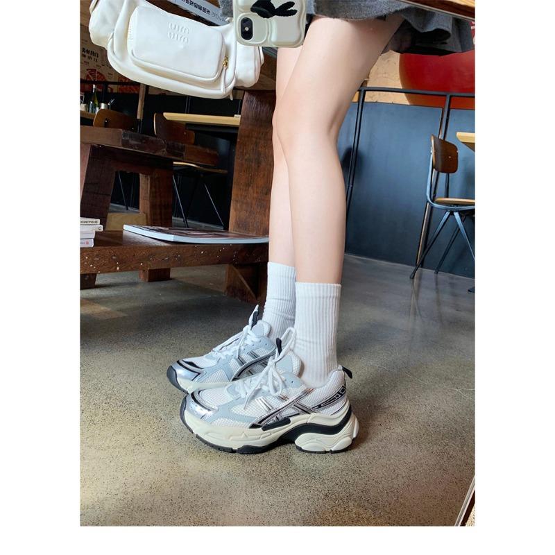 

Кожаная версия~ Серебристые кроссовки на платформе-маффине, женские легкие сетчатые кроссовки на танкетке, папины кроссовки 40