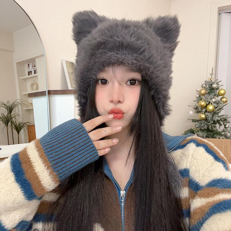 Winter Plush Women Hat Cute Bear Ear Protection Beanie Cap For Girls Female Kawaii Solid Color Faux Fur Warm Earmuffs Caps