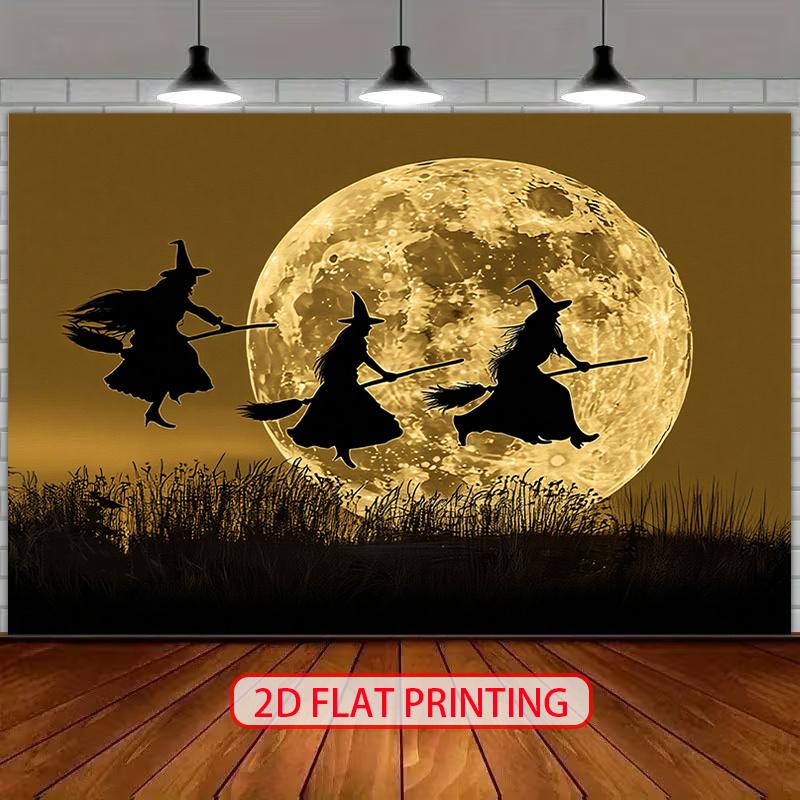 2D flat banner on the terrifying Halloween night featuring a dark shadowy witch flying on a broomstick.PMJ