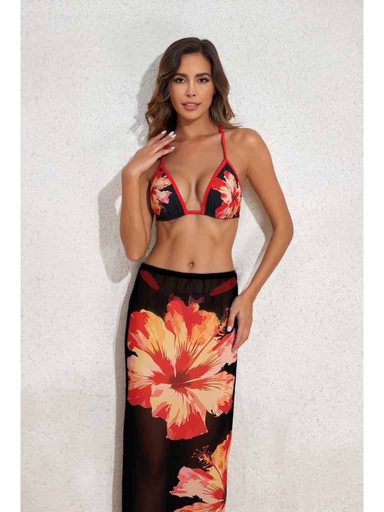 2026 European & American Printed Backless Bikini Three-Piece Set with Long Gauze Skirt