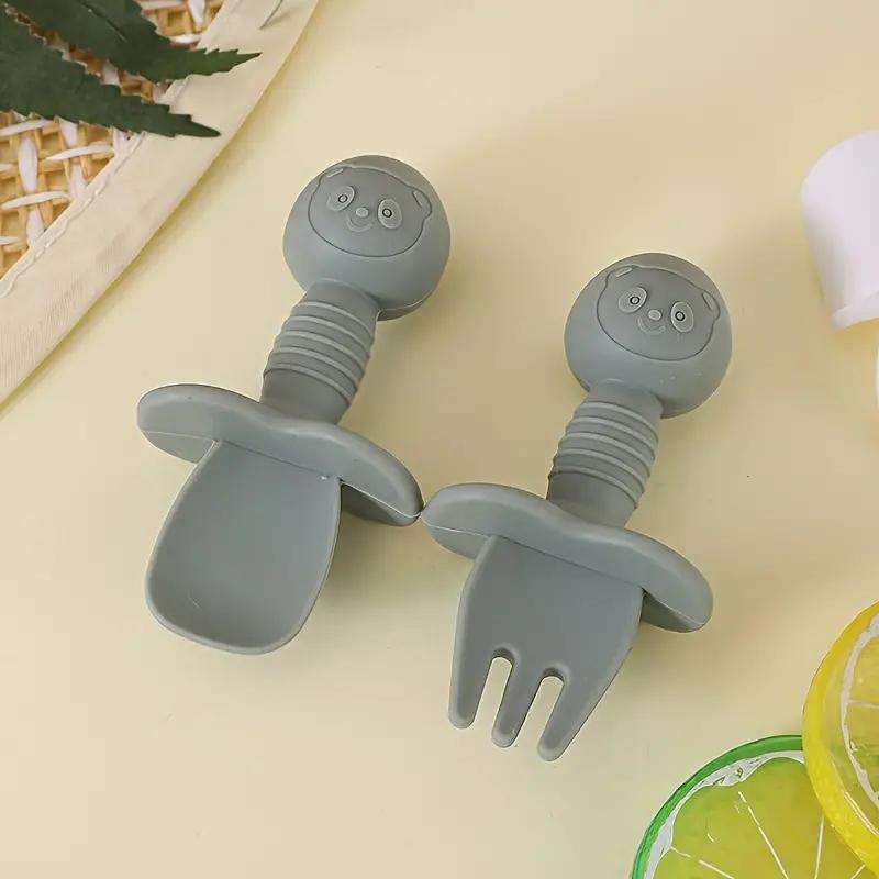 

2 шт./набор, Мягкая силиконовая ложка с изображением головы панды из мультфильма для пищевых продуктов, вилка, обучающая посуда, аксессуары для кормления, Great Chris серый