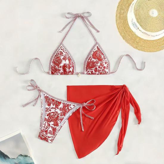 3Pcs/Set Swimsuit Set Halter Chest Pads No Steel Support Bra Swimming Briefs Cover Up