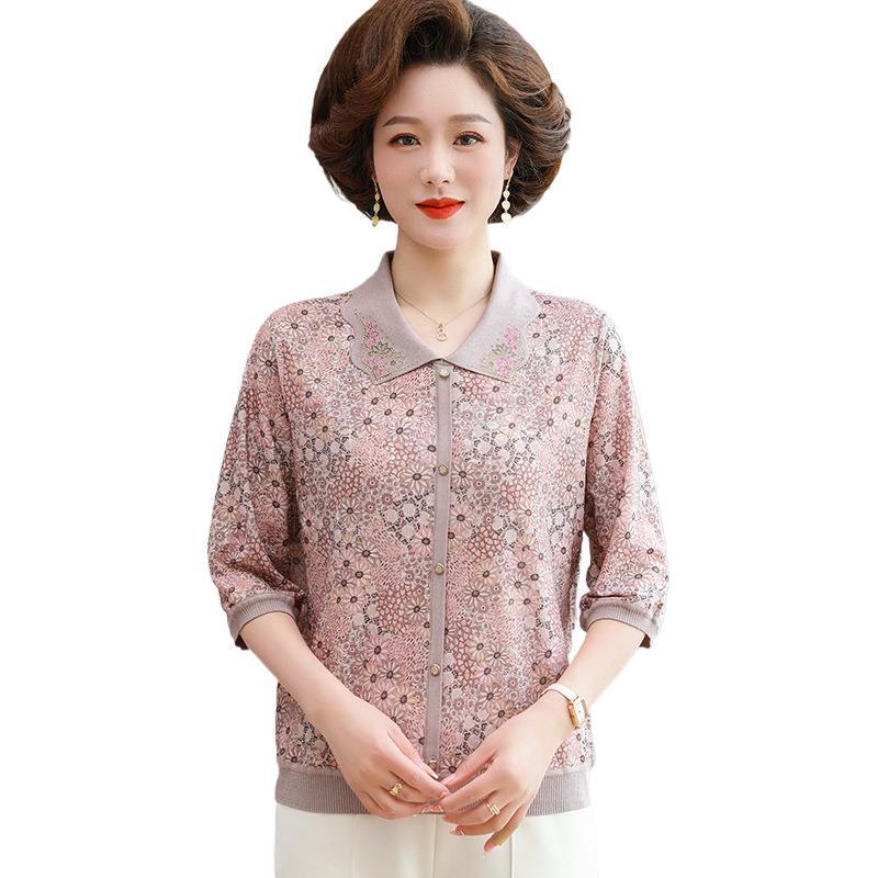 Women's Summer Knitwear: Seven-Sleeve Mulberry Silk T-Shirt for Middle-Aged and Elderly - Perfect for Mom's Spring and Summer Wardrobe