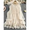 Lace Embroidery Round Neck Dress Summer Retro French Style Loose Slimming Plus Size Travel Vacation Seaside Beach Skirt