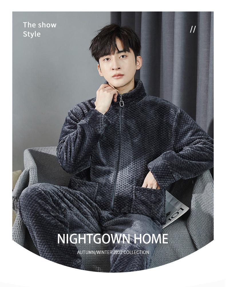 Men's Warm Flannel Pajamas, Zippered Stand-up Collar, Long Sleeve, Coral Fleece Cardigan for Autumn and Winter
