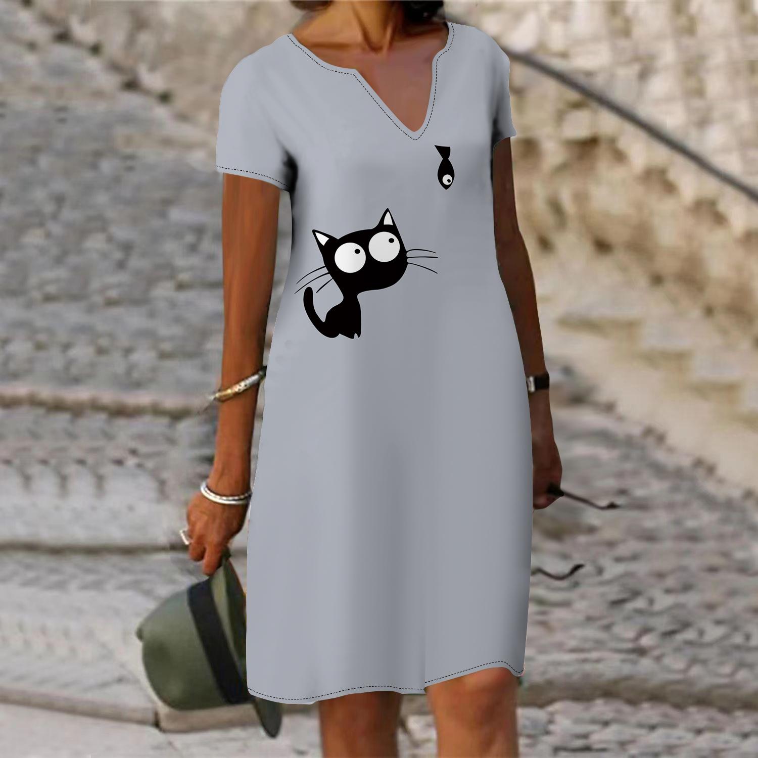 

Летнее модное платье с v-образным вырезом, женское платье с коротким рукавом, черное платье с кошачьим принтом, свободное повседневное платье для женщин 8XL серый