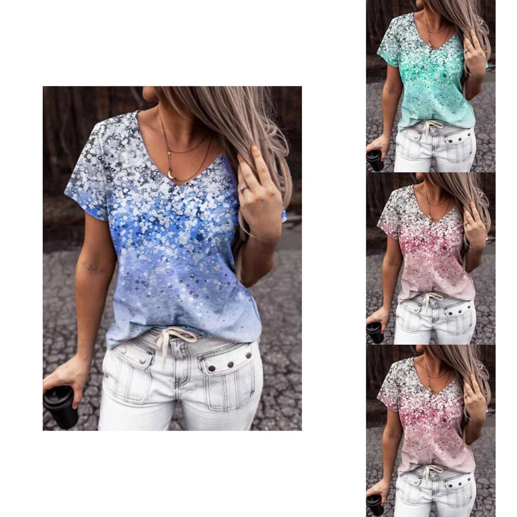 Elegant Womens V-neck Short Sleeve Floral Print Tops T-shirt For Casual Wear