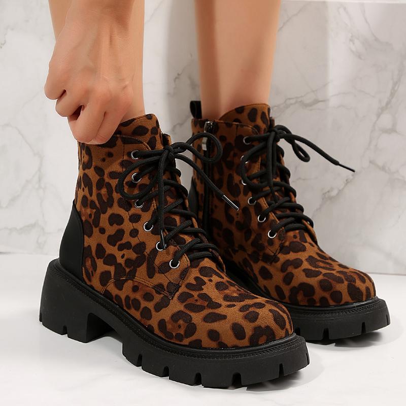 Lucyever Fashion Platform Leopard Boots Women Plus Size Lace Up Ankle Boots Woman Streetwear Thick Sole Motorcycle Booties Mujer