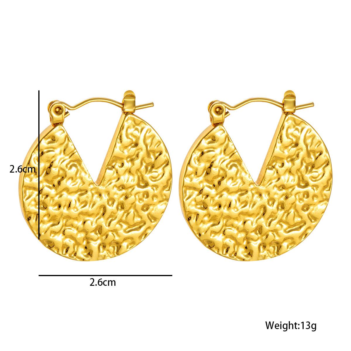 

Retro Irregular Geometric Round Stainless Steel Oil Pressure Hammer-pattern Gold Color Hoop Earrings for Women No Fading Jewelry золотой