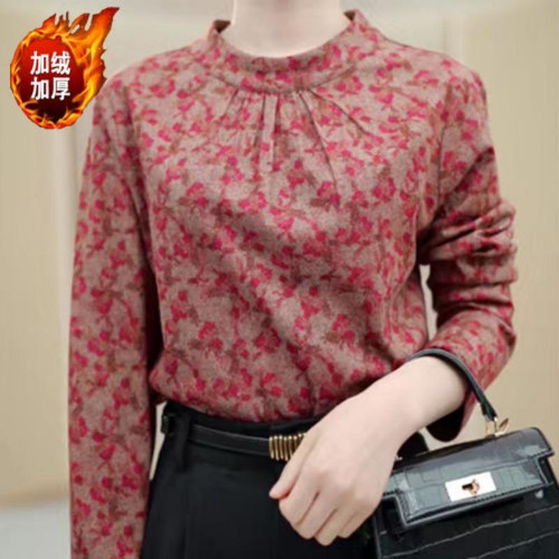 

Осенне-зимние теплые базовые рубашки для женщин, топы со стойкой, модные принтованные повседневные топы контрастных цветов L красный