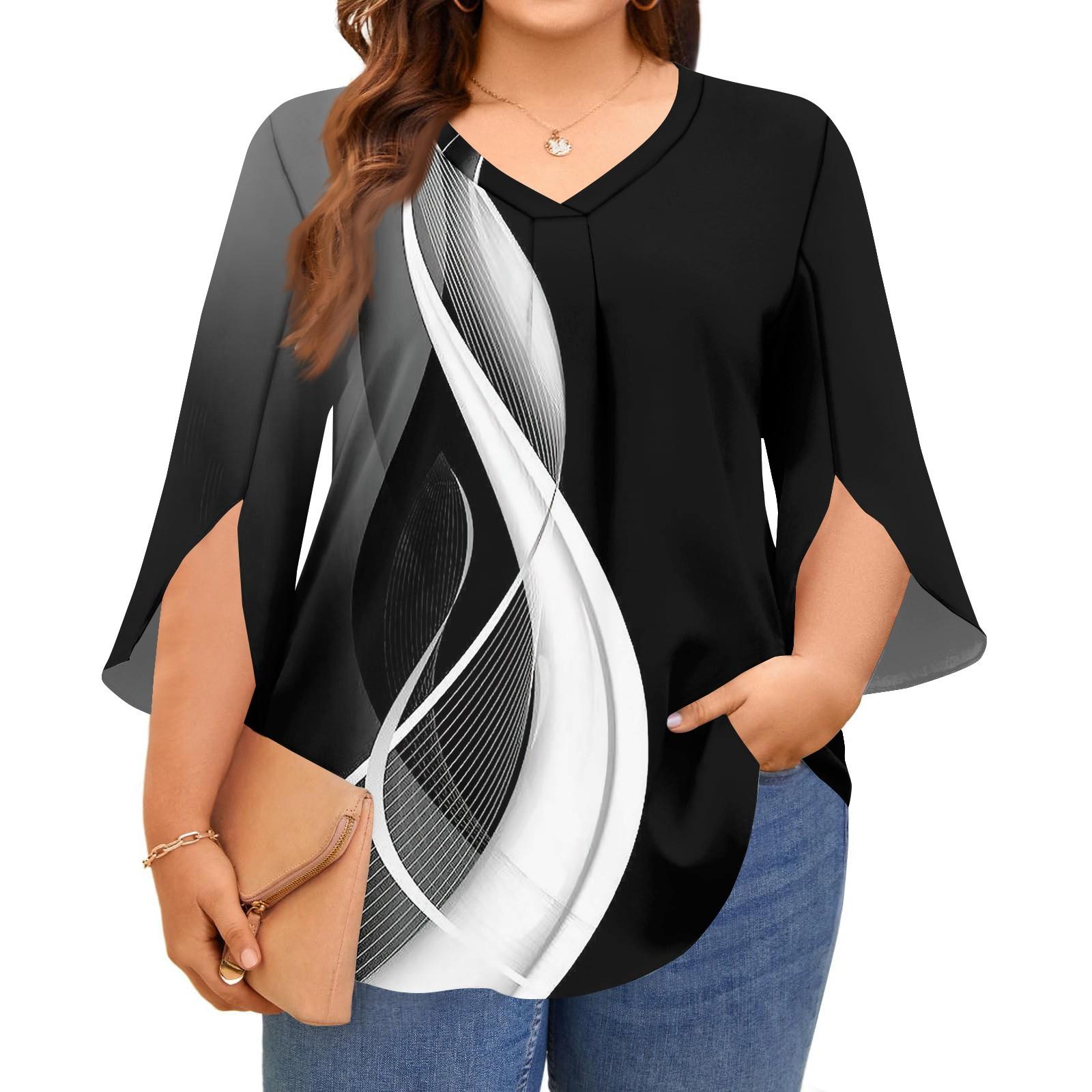 

Женские топы с принтом, V-образным вырезом, больших размеров, с рукавами 3/4, элегантные рубашки XXXL