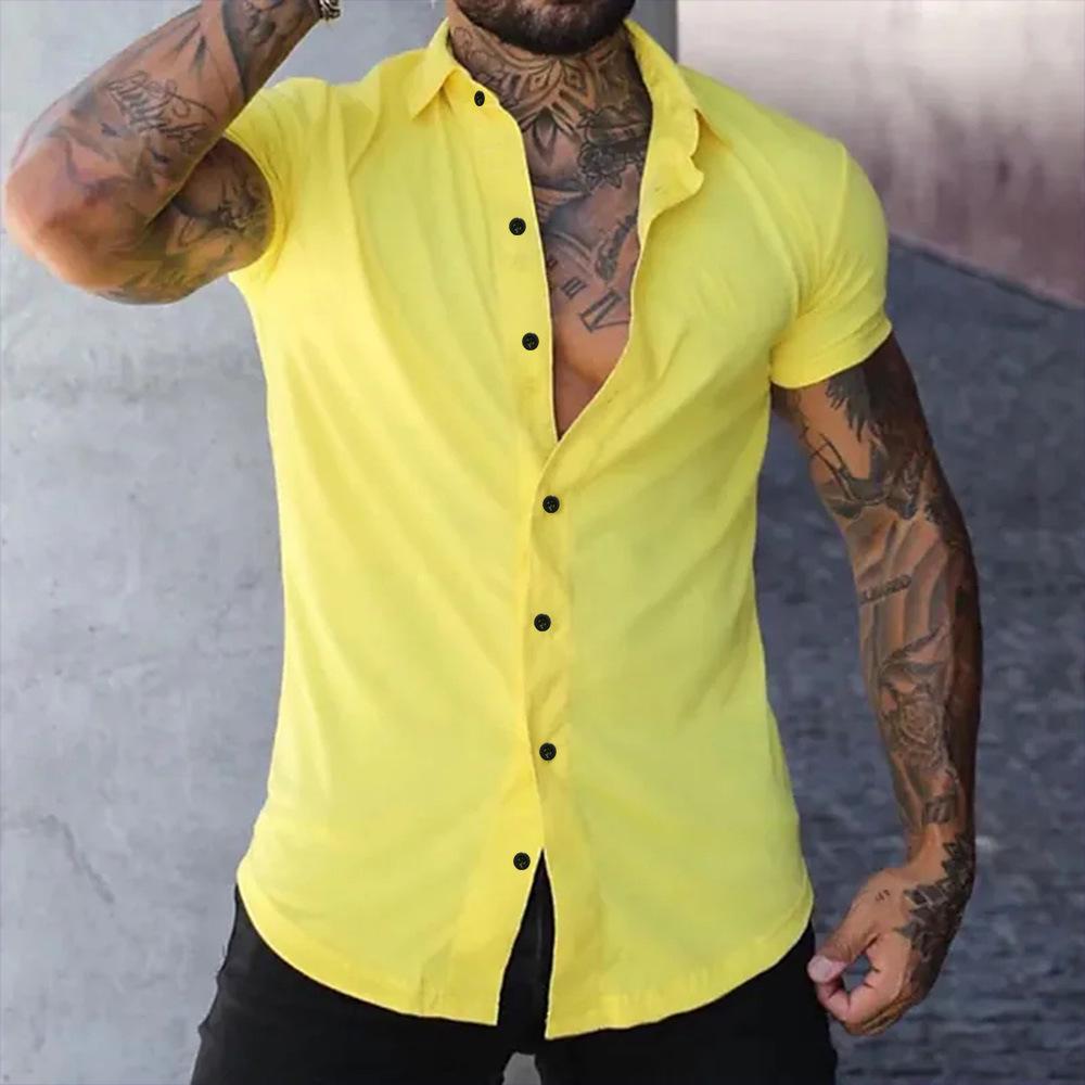 Men's Slim Fit Solid Color Short Sleeve Cardigan Shirt - Casual European and American Teen Style