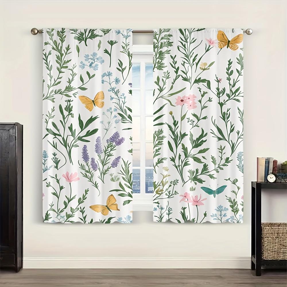 2Pc Modern Botanical Garden Print Curtains, Polyester Fabric, Machine Washable, Suitable For Bedroom And Living Room Decoration